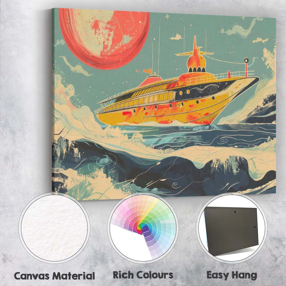 Retro Luxury Super Yacht Ocean Waves Sunset Illustration Canvas Wall Art Print Decor Picture Ready to Hang