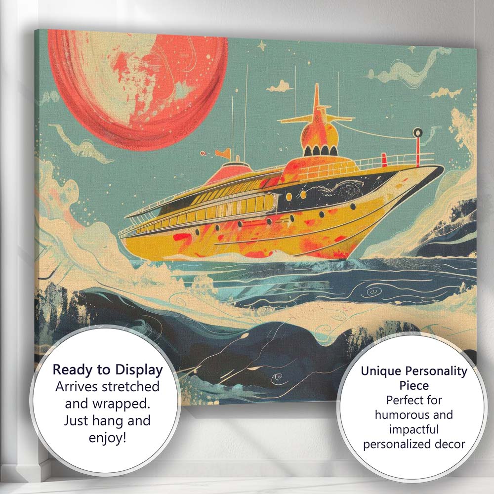 Retro Luxury Super Yacht Ocean Waves Sunset Illustration Canvas Wall Art Print Decor Picture Ready to Hang