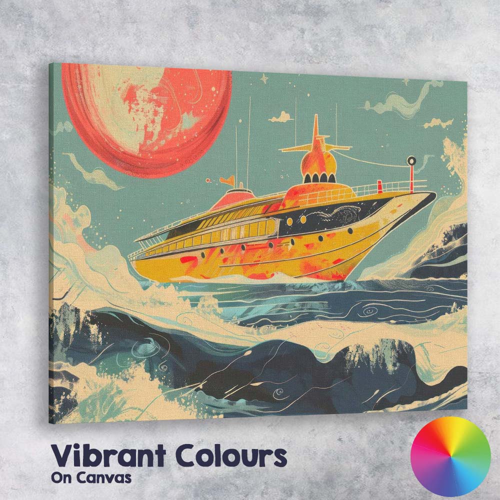 Retro Luxury Super Yacht Ocean Waves Sunset Illustration Canvas Wall Art Print Decor Picture Ready to Hang