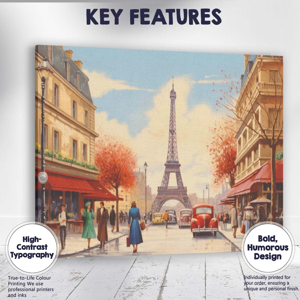 Romantic Paris France Eiffel Tower Autumn Street Scene Travel Poster Canvas Wall Art Print Decor Picture Ready to Hang