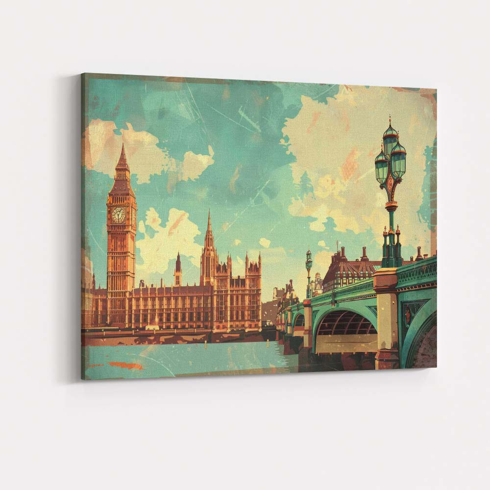 Retro London England Big Ben Westminster Bridge Skyline Travel Poster Canvas Wall Art Print Decor Picture Ready to Hang