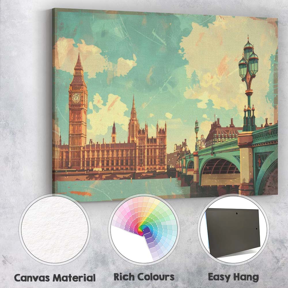 Retro London England Big Ben Westminster Bridge Skyline Travel Poster Canvas Wall Art Print Decor Picture Ready to Hang