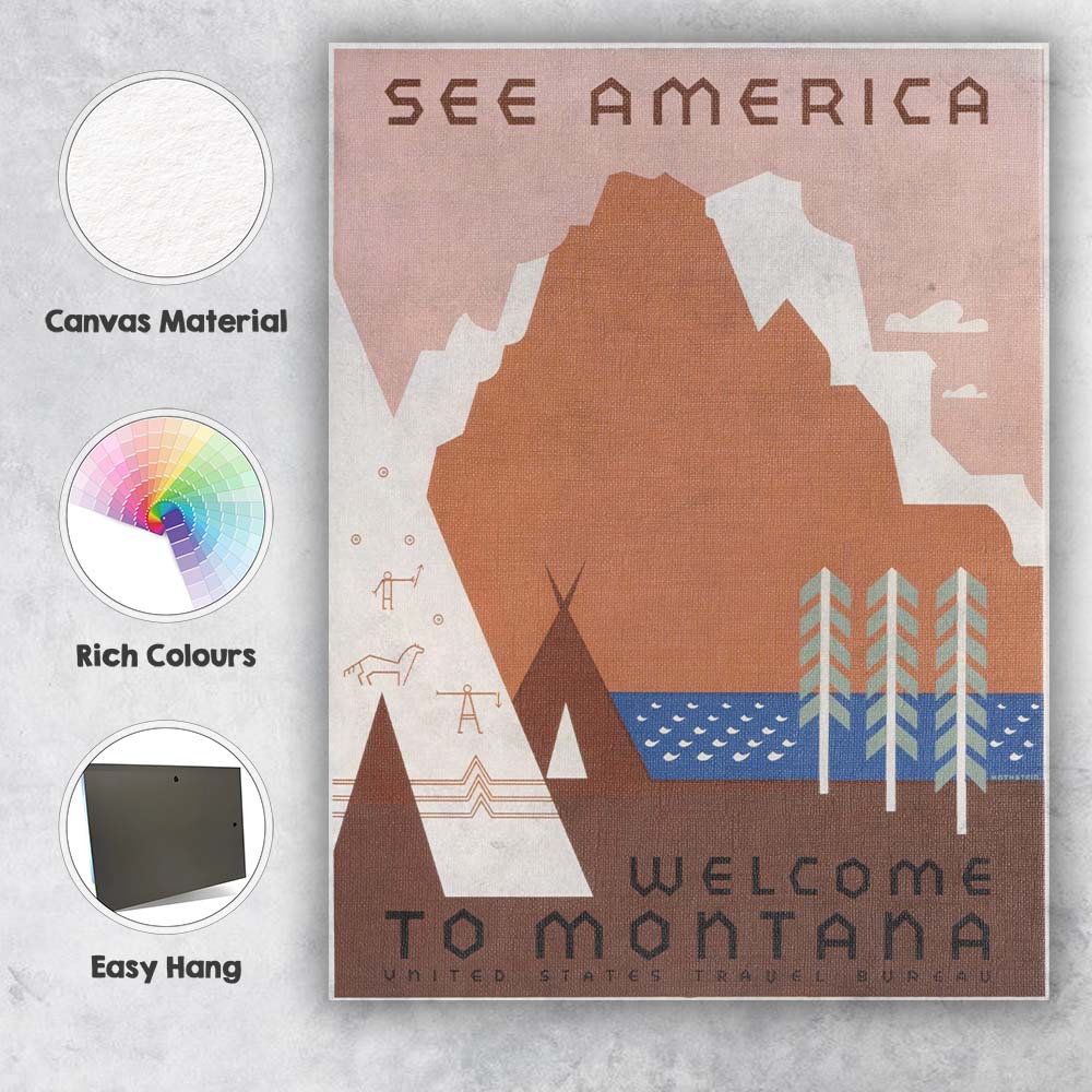 Minimalist Montana Mountain Lake Native American Travel Poster Canvas Wall Art Print Decor Picture Ready to Hang