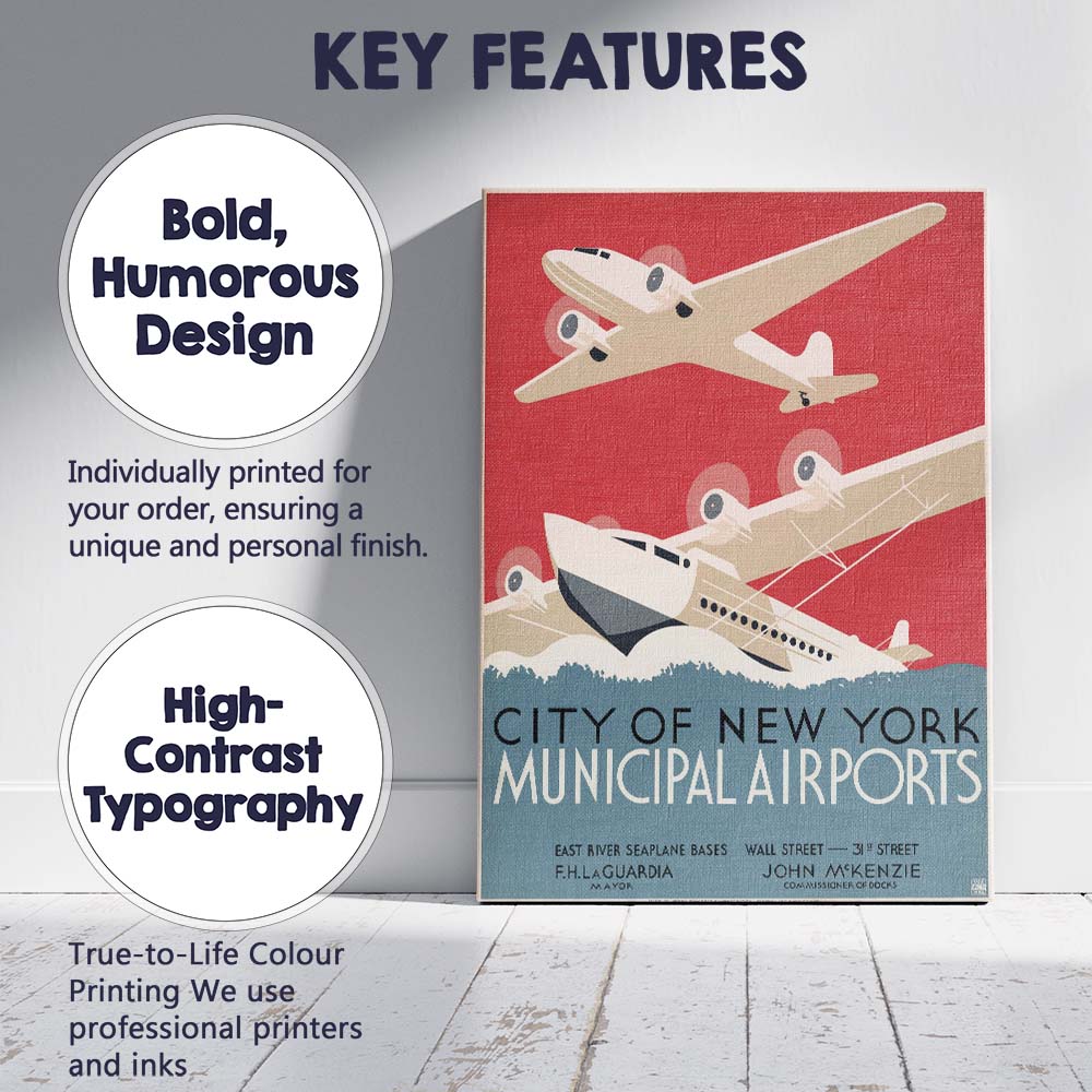 Art Deco New York Municipal Airports Aviation Travel Poster Canvas Wall Art Print Decor Picture Ready to Hang