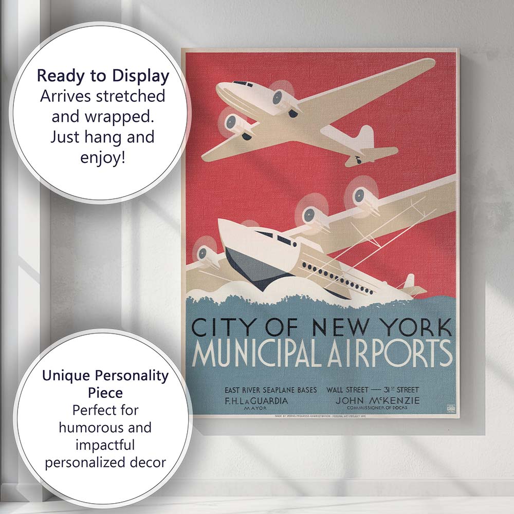 Art Deco New York Municipal Airports Aviation Travel Poster Canvas Wall Art Print Decor Picture Ready to Hang