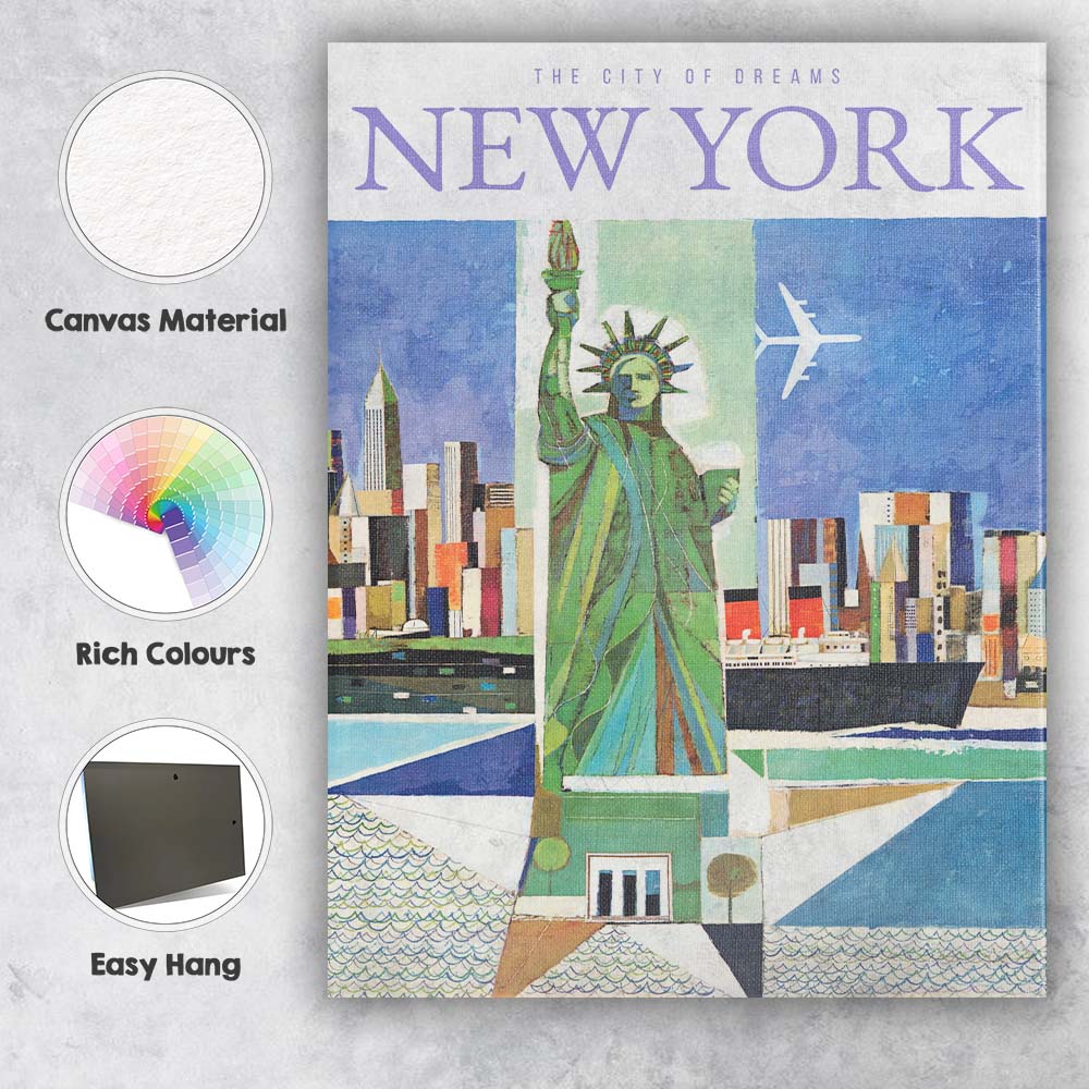 Modern New York Statue of Liberty Skyline Travel Poster Canvas Wall Art Print Decor Picture Ready to Hang