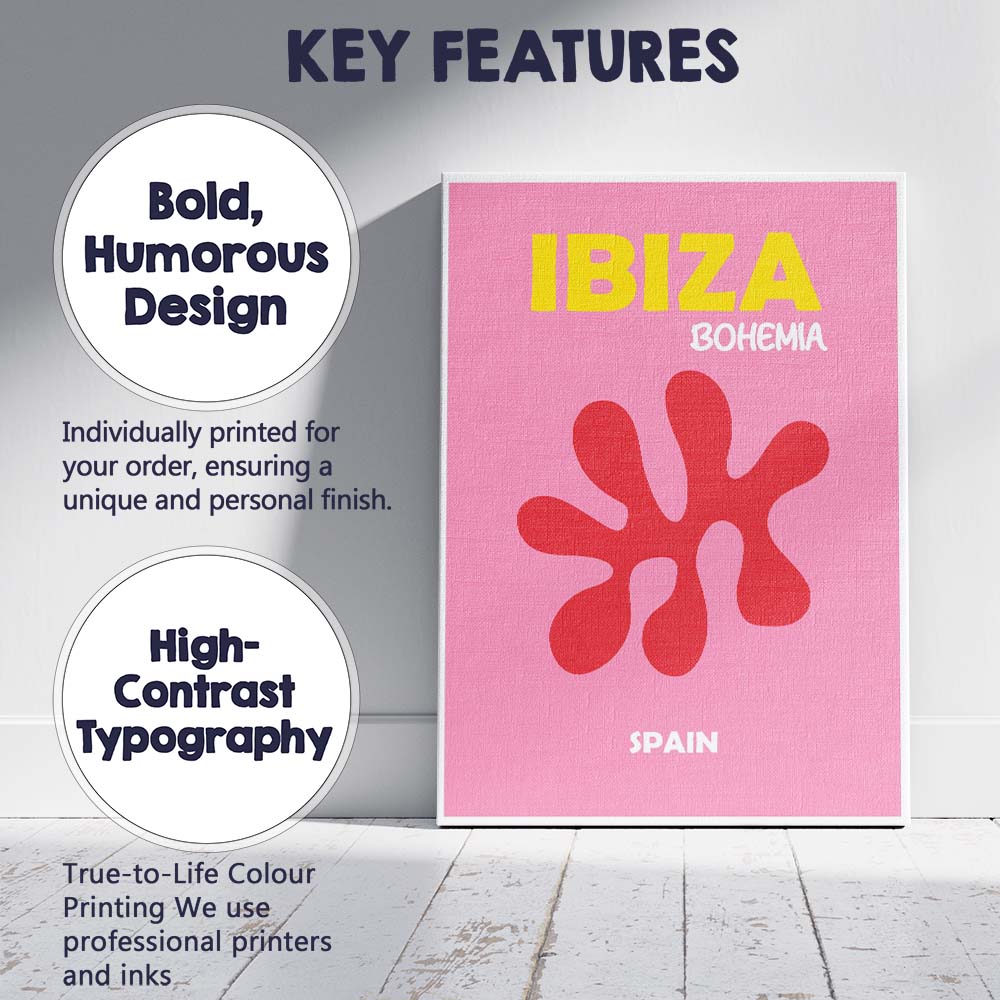 Ibiza Bohemia Pink Travel Poster Retro Canvas Wall Art Print Decor Picture Ready to Hang