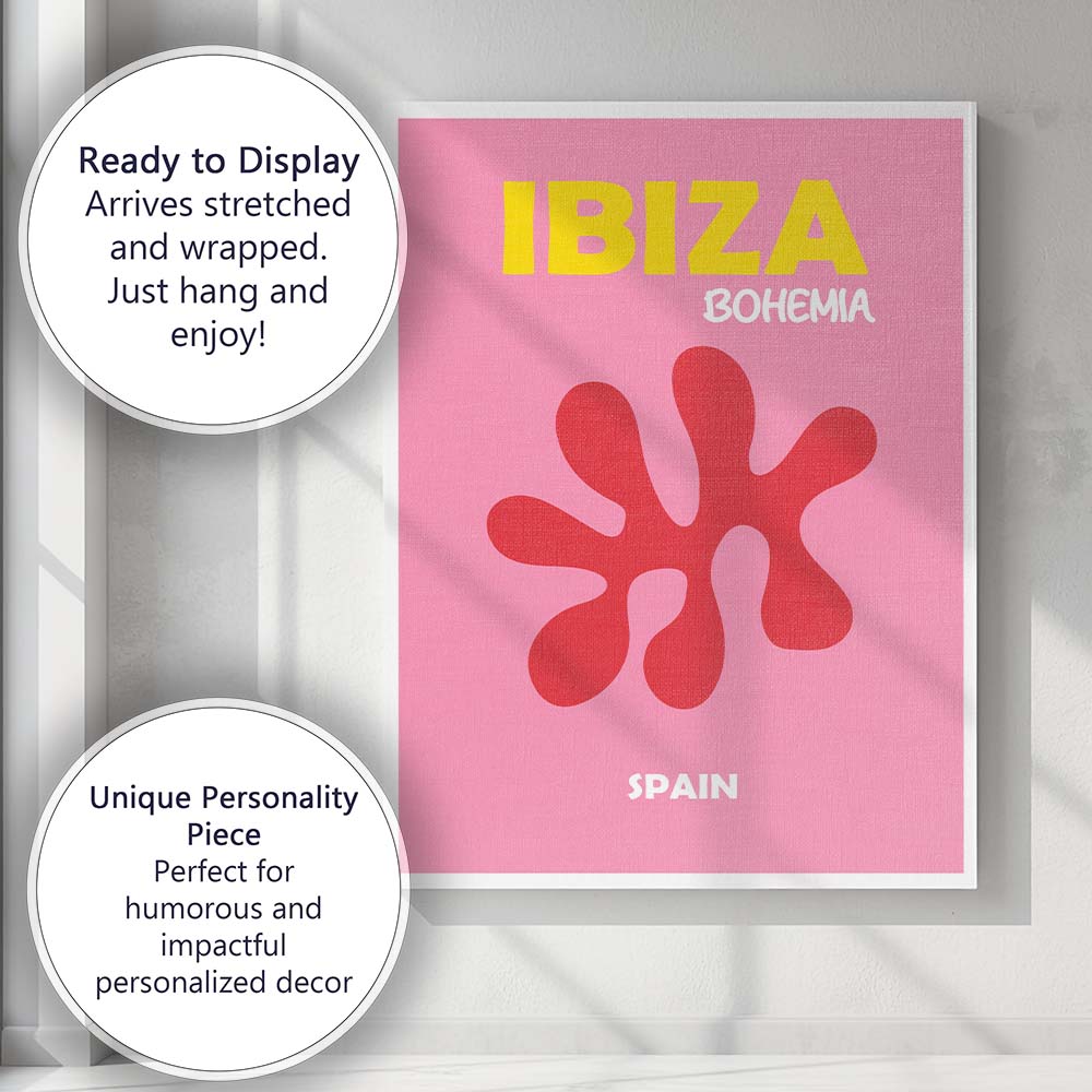 Ibiza Bohemia Pink Travel Poster Retro Canvas Wall Art Print Decor Picture Ready to Hang