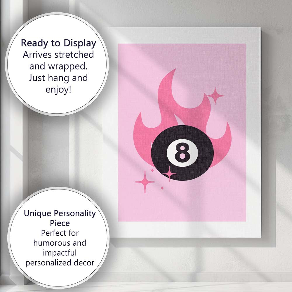 Minimalist Flaming Eight Ball Retro Illustration Canvas Wall Art Print Decor Picture Ready to Hang