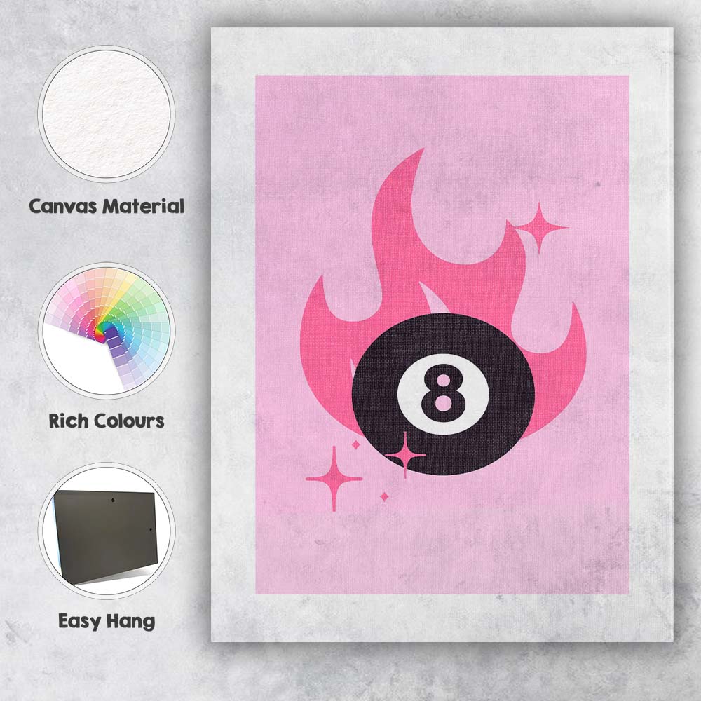 Minimalist Flaming Eight Ball Retro Illustration Canvas Wall Art Print Decor Picture Ready to Hang