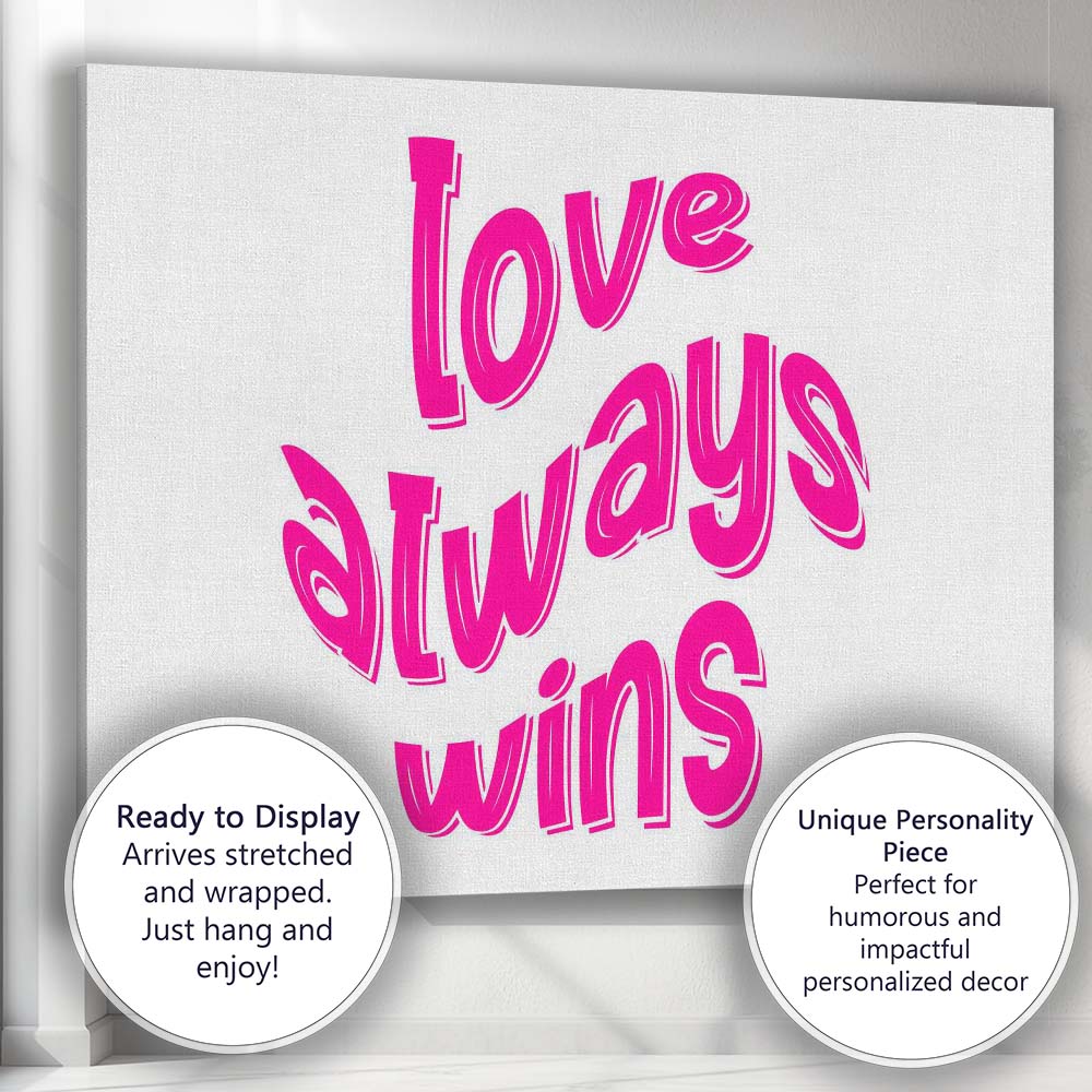 Love Always Wins Bold Pink Typography Quote Canvas Wall Art Print Decor Picture Ready to Hang