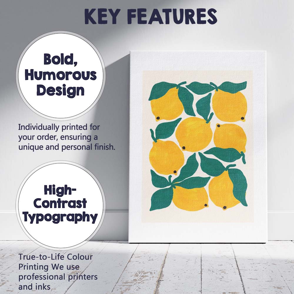 Minimalist Yellow Lemon Botanical Fruit Illustration Canvas Wall Art Print Decor Picture Ready to Hang