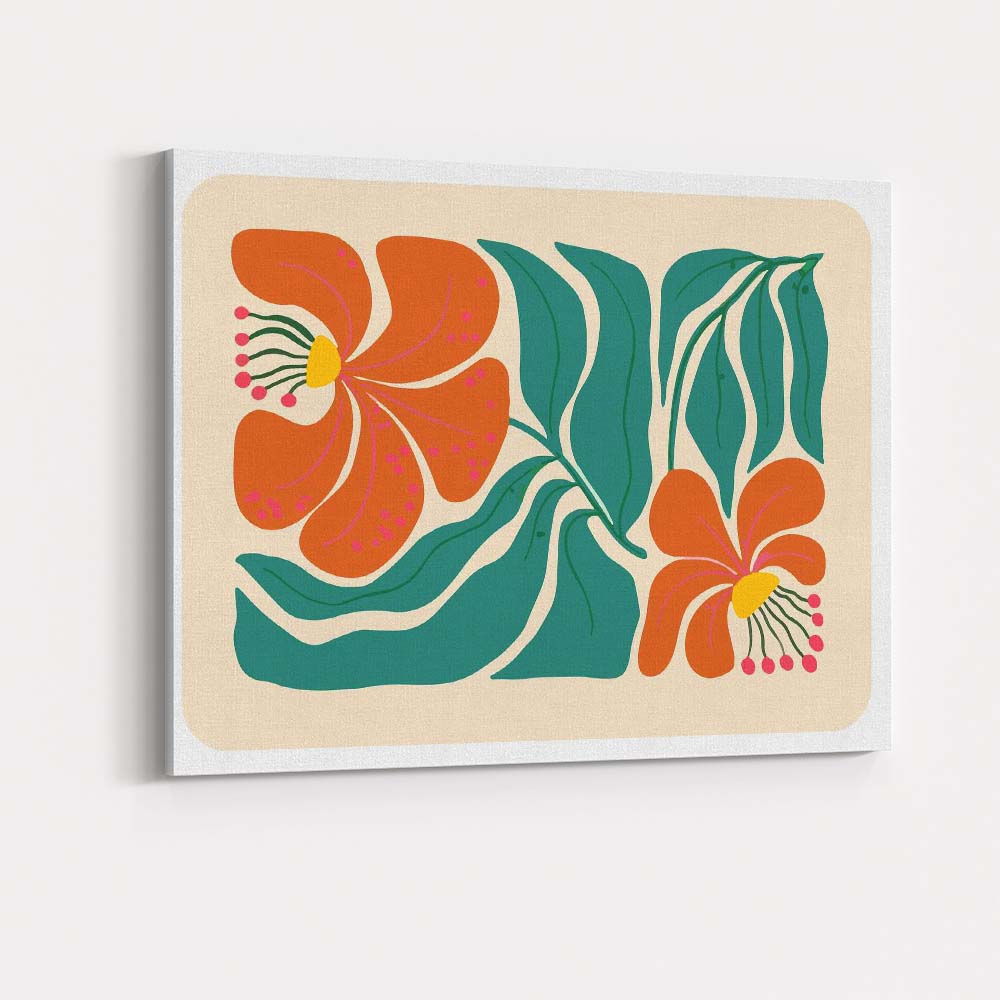 Tropical Orange Hibiscus Flower Botanical Illustration Canvas Wall Art Print Decor Picture Ready to Hang