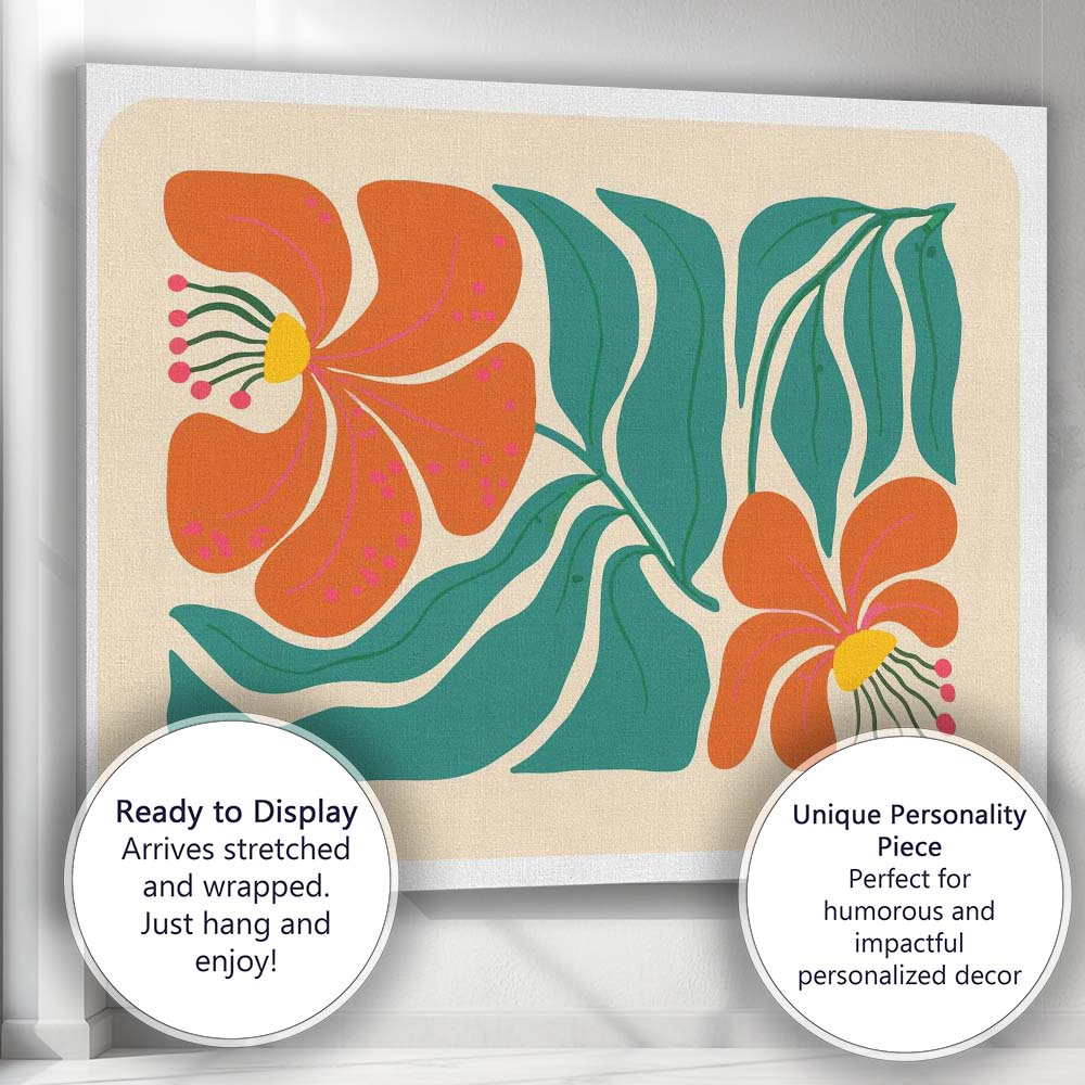 Tropical Orange Hibiscus Flower Botanical Illustration Canvas Wall Art Print Decor Picture Ready to Hang