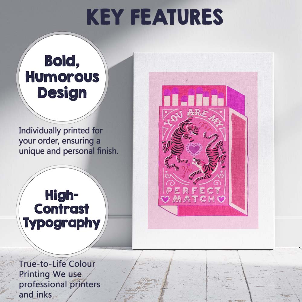 Pink Tiger Love Matchbox Valentine Illustration Canvas Wall Art Print Decor Picture Ready to Hang