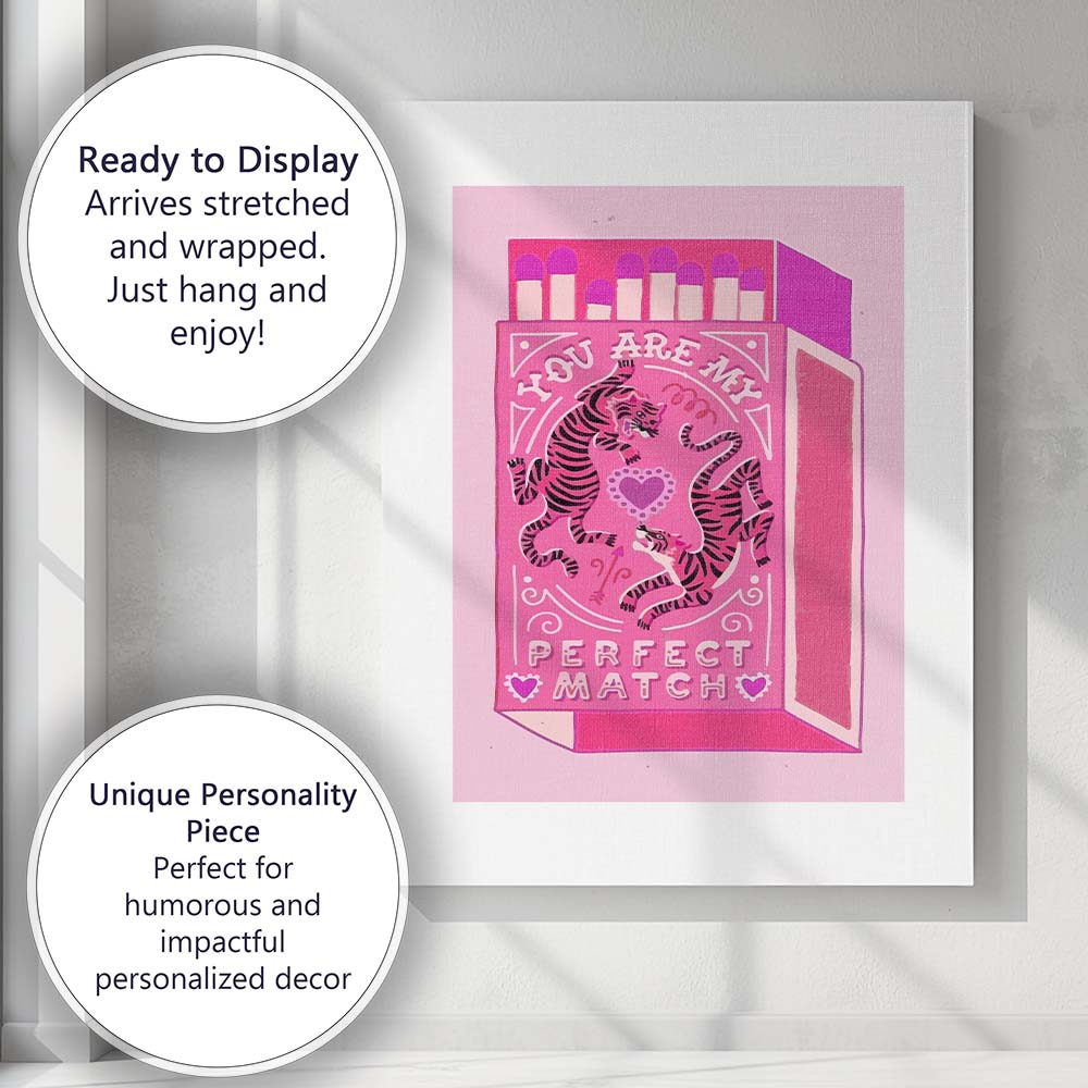 Pink Tiger Love Matchbox Valentine Illustration Canvas Wall Art Print Decor Picture Ready to Hang