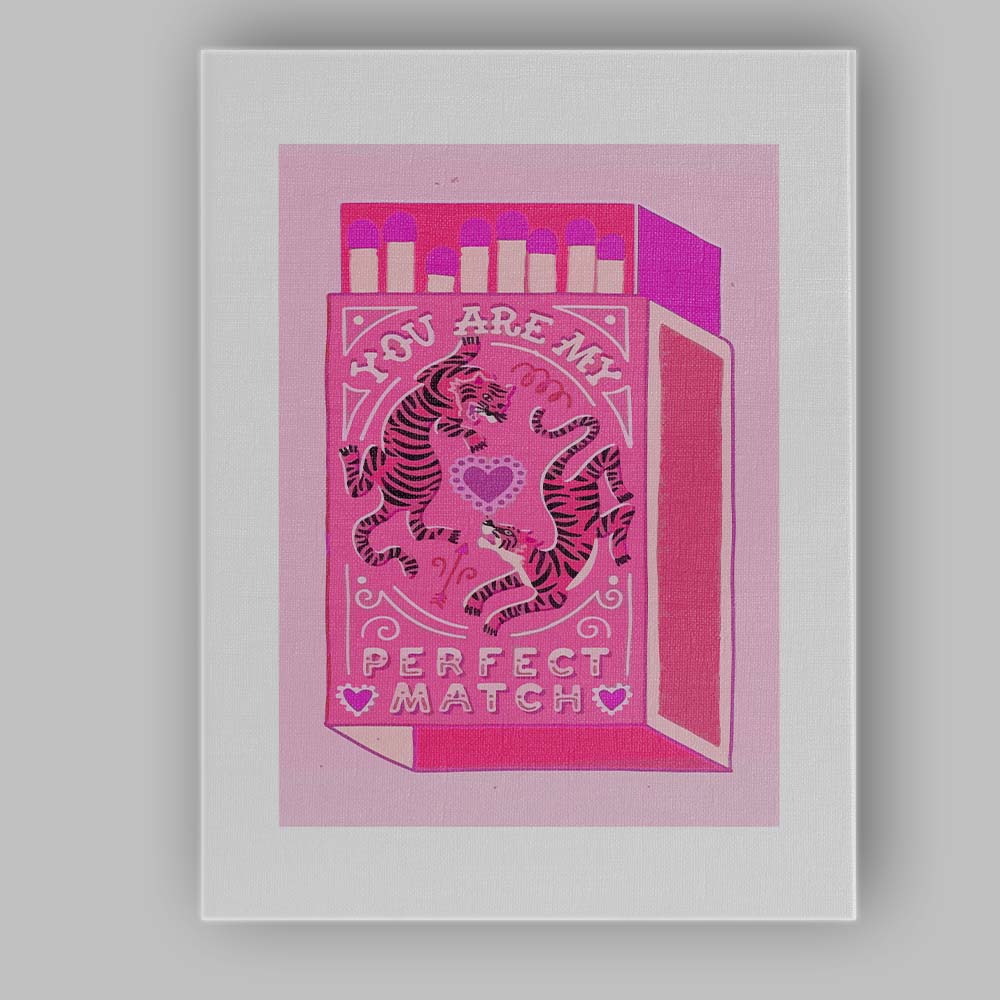 Pink Tiger Love Matchbox Valentine Illustration Canvas Wall Art Print Decor Picture Ready to Hang