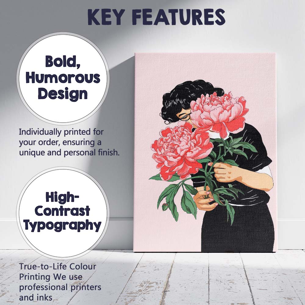 Woman Holding Pink Peony Bouquet Botanical Portrait Canvas Wall Art Print Decor Picture Ready to Hang