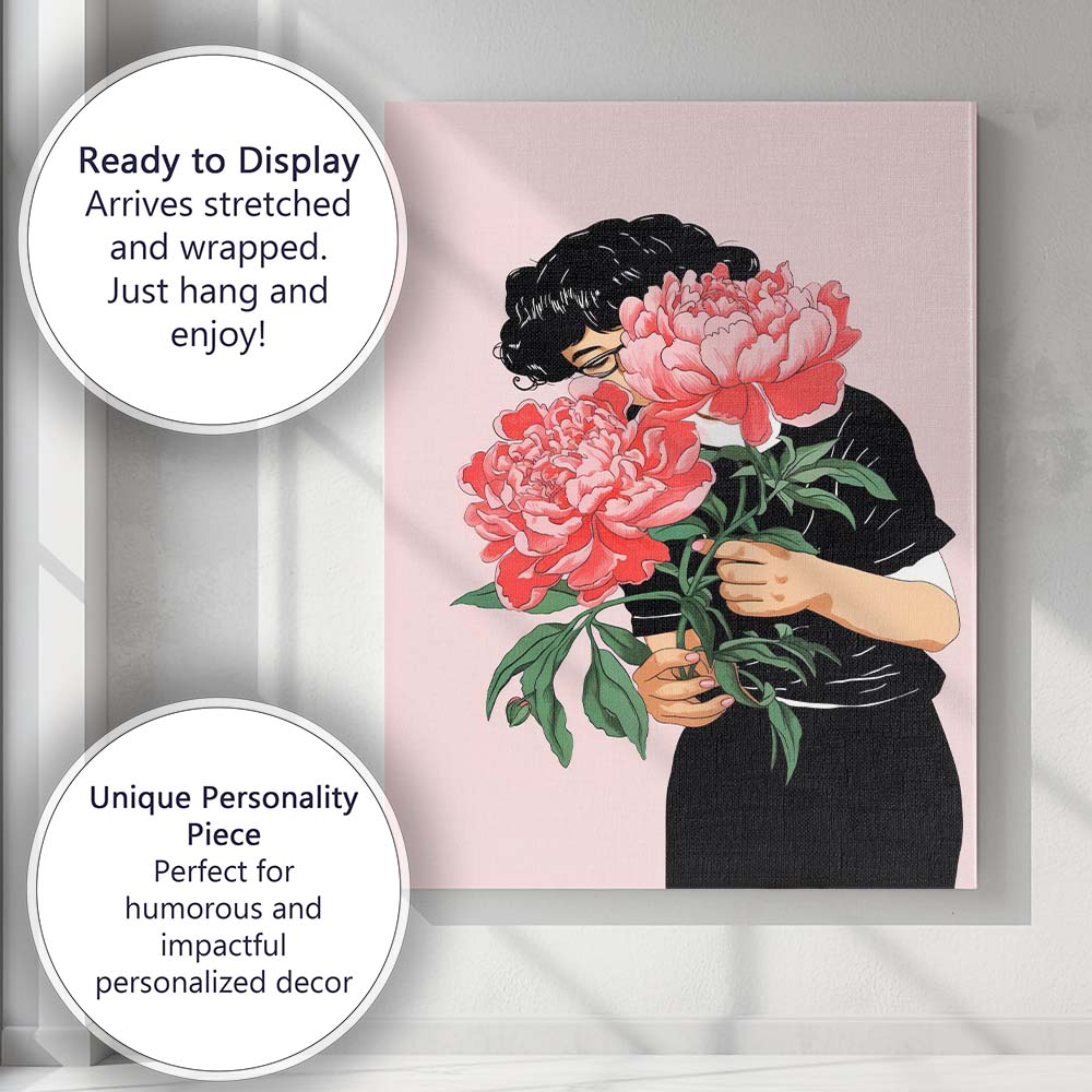 Woman Holding Pink Peony Bouquet Botanical Portrait Canvas Wall Art Print Decor Picture Ready to Hang