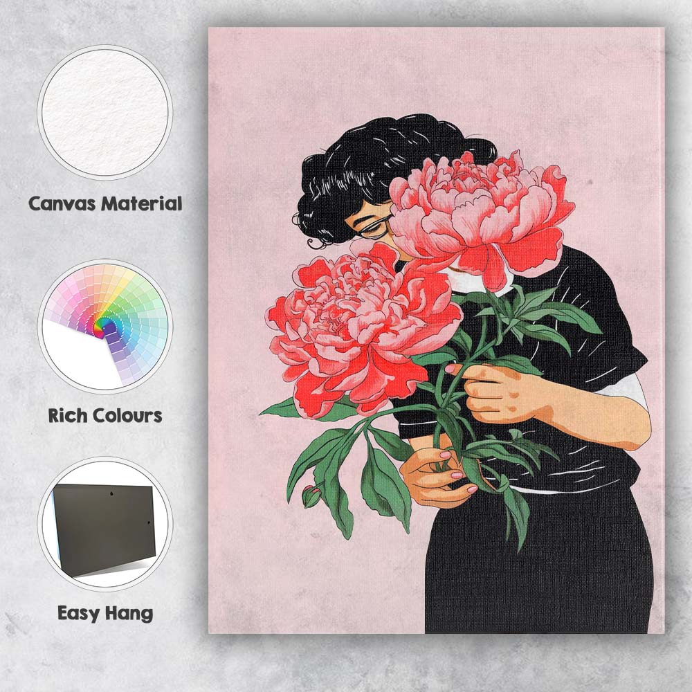 Woman Holding Pink Peony Bouquet Botanical Portrait Canvas Wall Art Print Decor Picture Ready to Hang