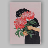 Woman Holding Pink Peony Bouquet Botanical Portrait Canvas Wall Art Print Decor Picture Ready to Hang