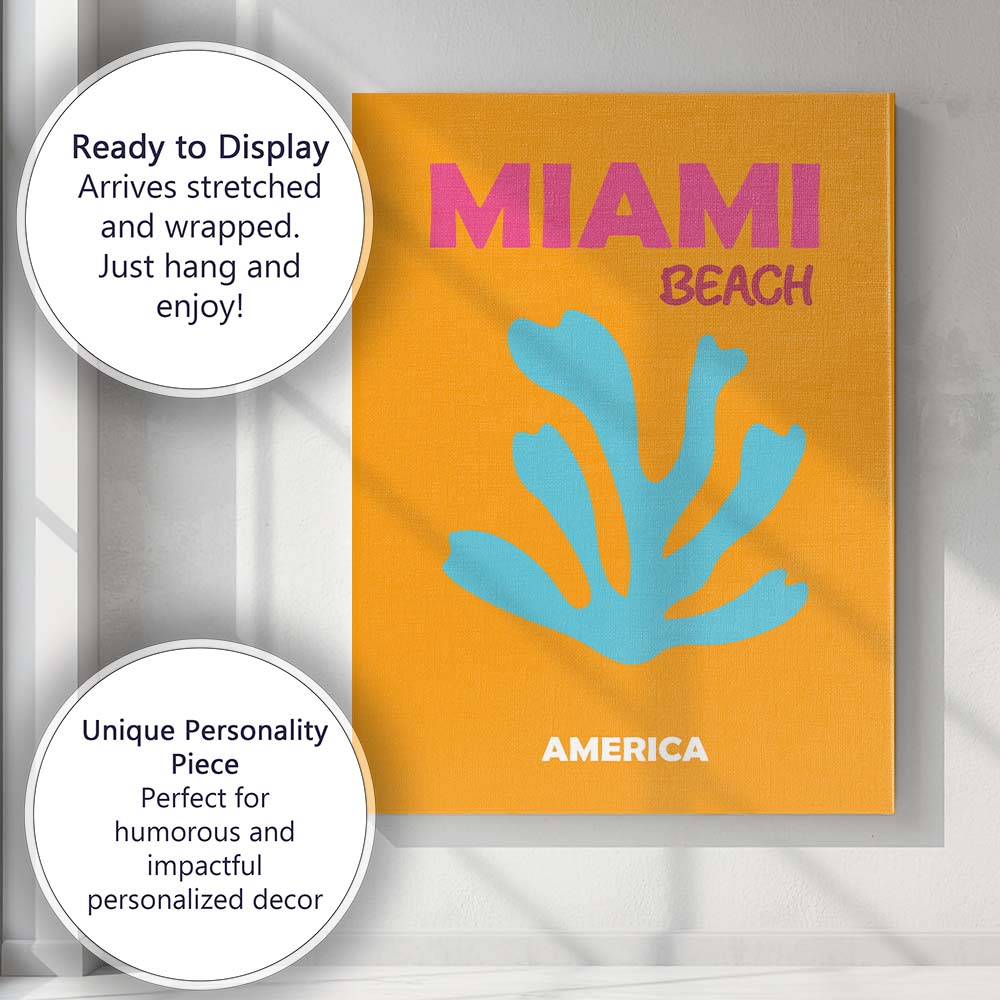 Miami Beach Coral Silhouette Retro Typography Canvas Wall Art Print Decor Picture Ready to Hang