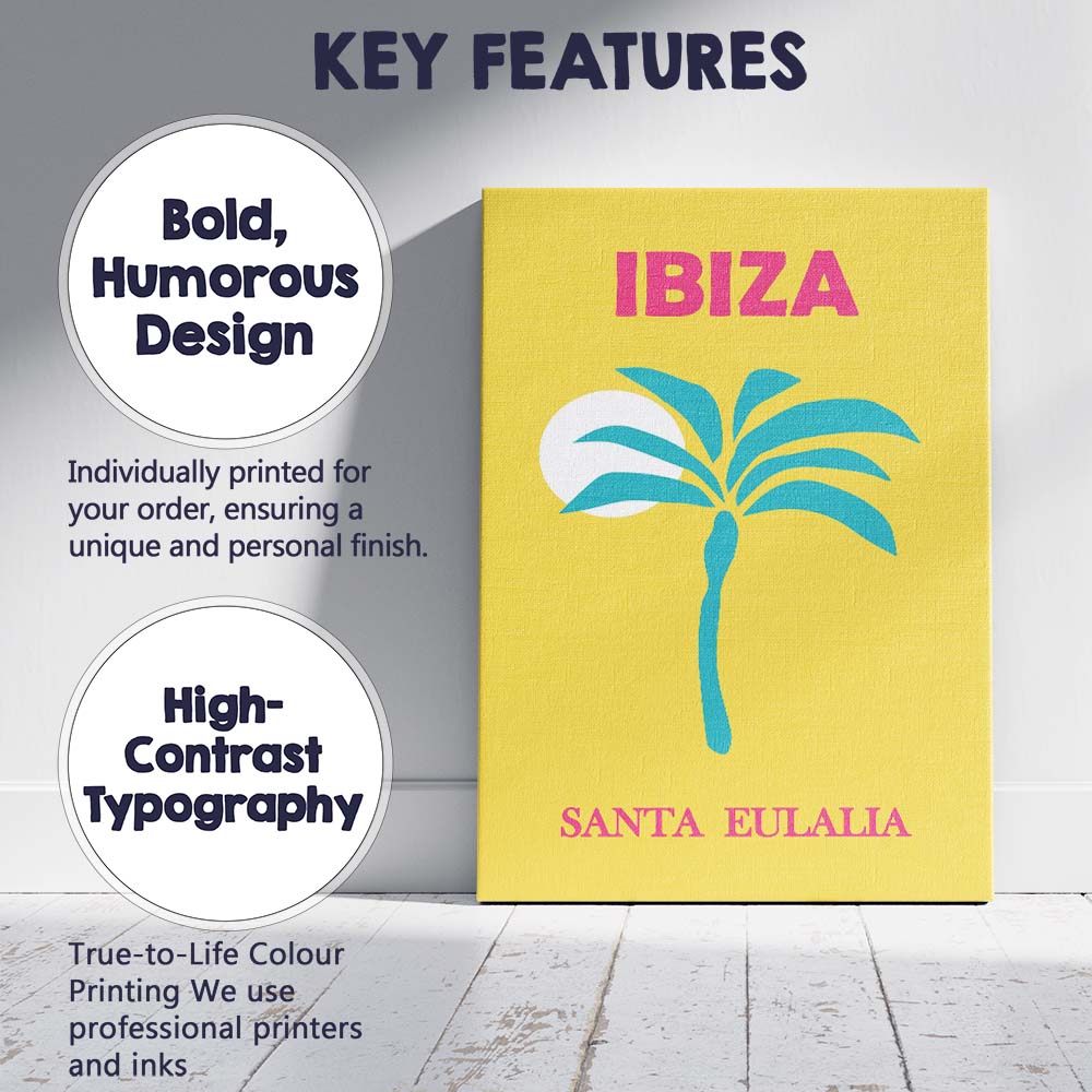 Ibiza Palm Tree Sunset Coastal Travel Poster Canvas Wall Art Print Decor Picture Ready to Hang