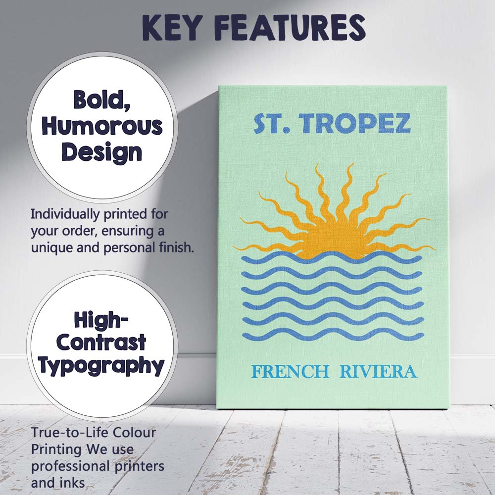 Saint Tropez French Riviera Sunset Waves Travel Poster Canvas Wall Art Print Decor Picture Ready to Hang