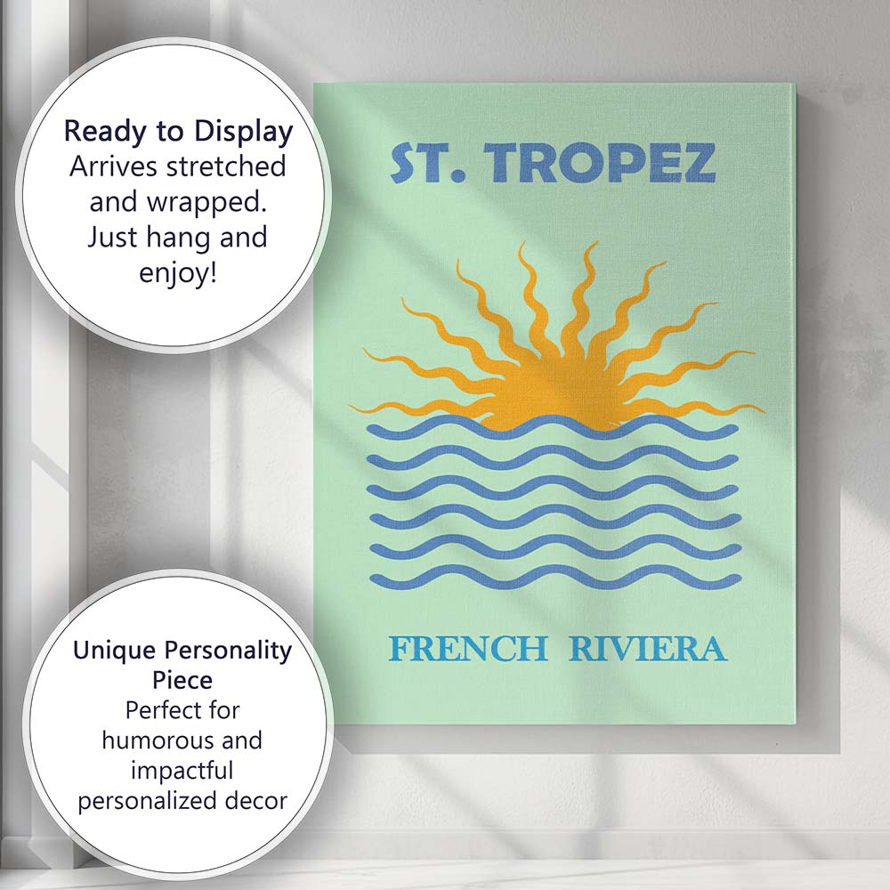 Saint Tropez French Riviera Sunset Waves Travel Poster Canvas Wall Art Print Decor Picture Ready to Hang