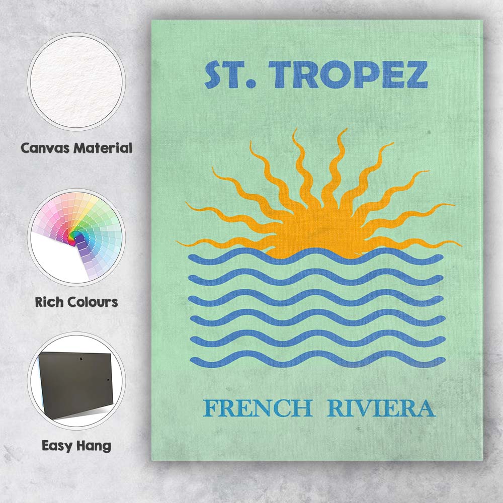 Saint Tropez French Riviera Sunset Waves Travel Poster Canvas Wall Art Print Decor Picture Ready to Hang