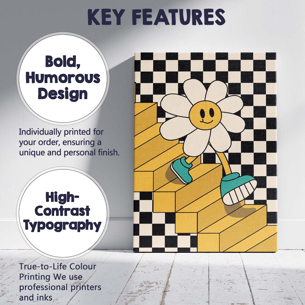 Smiling Daisy Walking On Checkerboard Stairs Retro Pop Art Canvas Wall Art Print Decor Picture Ready to Hang