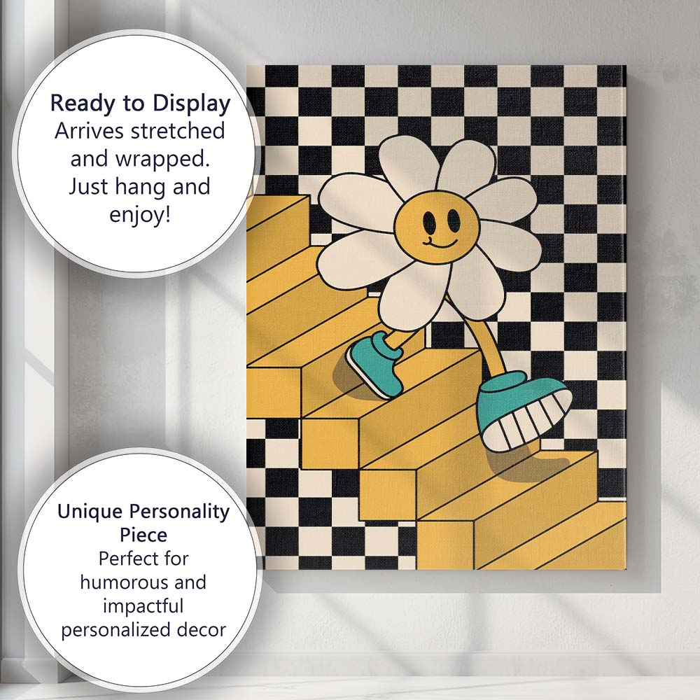 Smiling Daisy Walking On Checkerboard Stairs Retro Pop Art Canvas Wall Art Print Decor Picture Ready to Hang