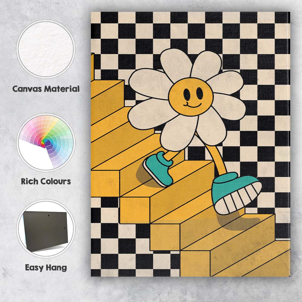 Smiling Daisy Walking On Checkerboard Stairs Retro Pop Art Canvas Wall Art Print Decor Picture Ready to Hang