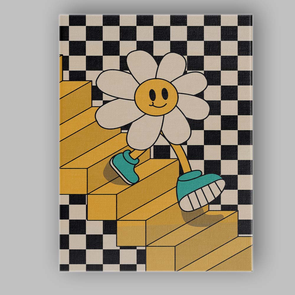 Smiling Daisy Walking On Checkerboard Stairs Retro Pop Art Canvas Wall Art Print Decor Picture Ready to Hang