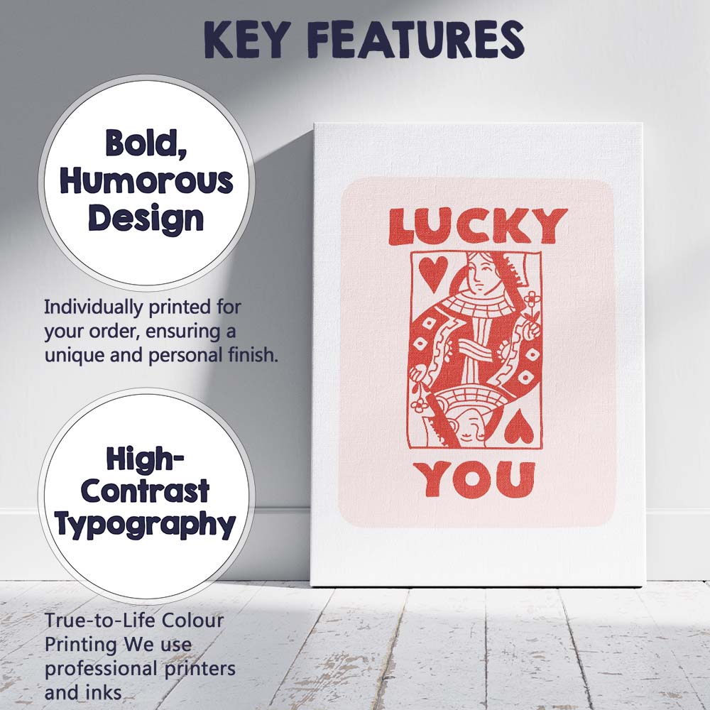 Lucky You Queen Of Hearts Playing Card Typography Canvas Wall Art Print Decor Picture Ready to Hang
