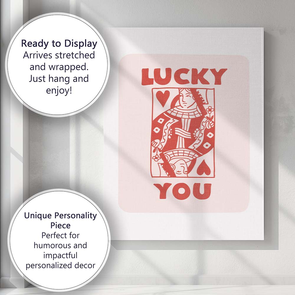 Lucky You Queen Of Hearts Playing Card Typography Canvas Wall Art Print Decor Picture Ready to Hang