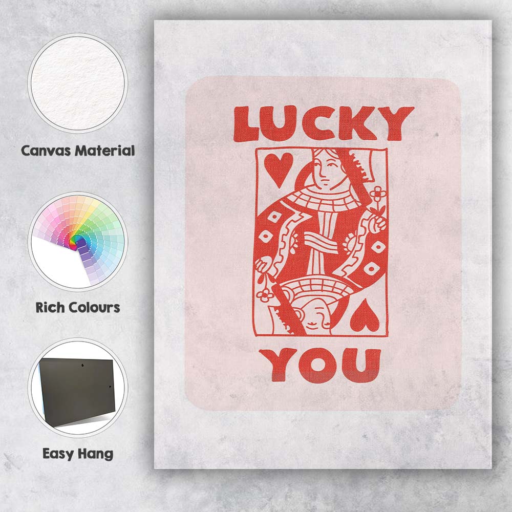 Lucky You Queen Of Hearts Playing Card Typography Canvas Wall Art Print Decor Picture Ready to Hang
