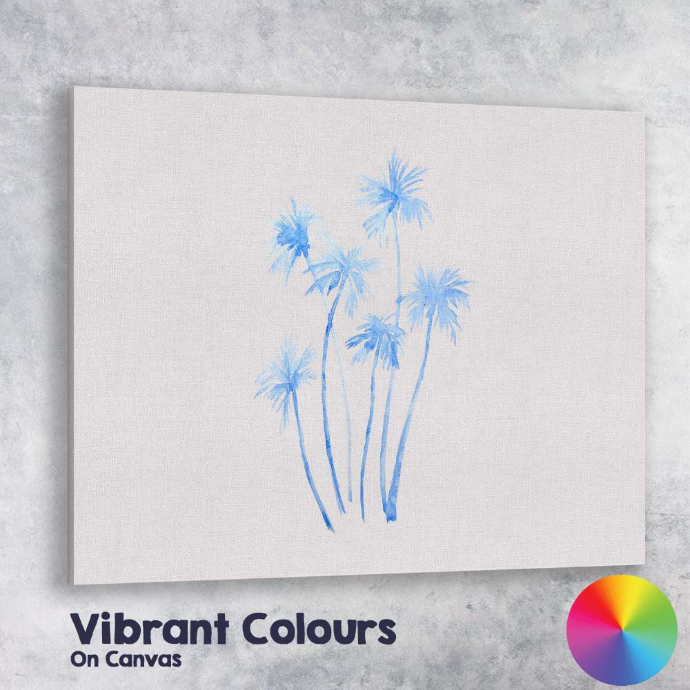 Minimalist Blue Watercolour Tropical Palm Trees Illustration Canvas Wall Art Print Decor Picture Ready to Hang
