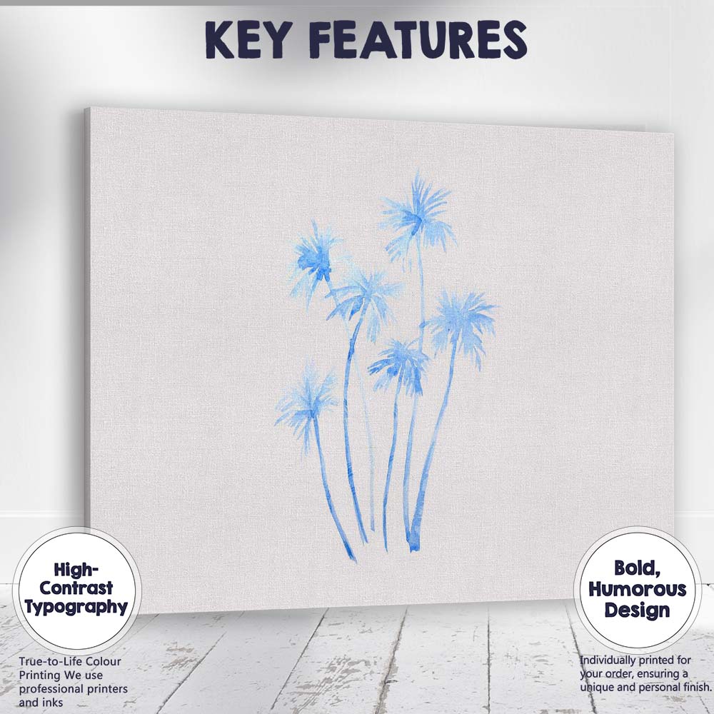 Minimalist Blue Watercolour Tropical Palm Trees Illustration Canvas Wall Art Print Decor Picture Ready to Hang