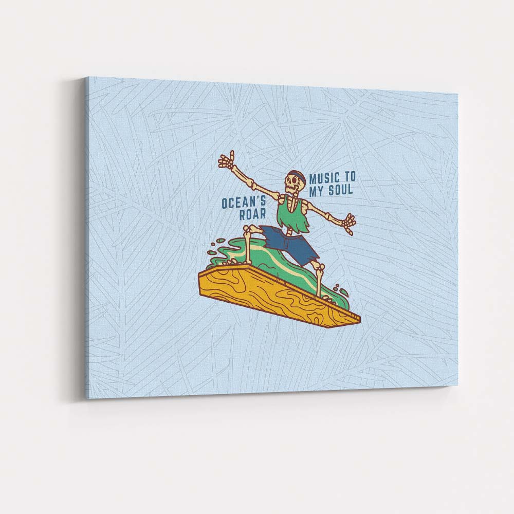 Surfing Skeleton Ocean Music Beach Illustration Canvas Wall Art Print Decor Picture Ready to Hang