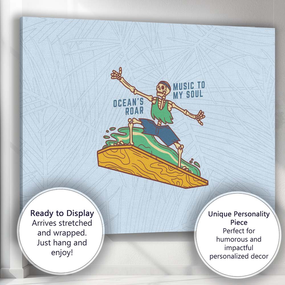Surfing Skeleton Ocean Music Beach Illustration Canvas Wall Art Print Decor Picture Ready to Hang