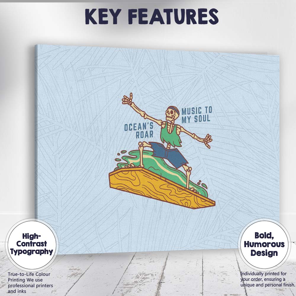 Surfing Skeleton Ocean Music Beach Illustration Canvas Wall Art Print Decor Picture Ready to Hang