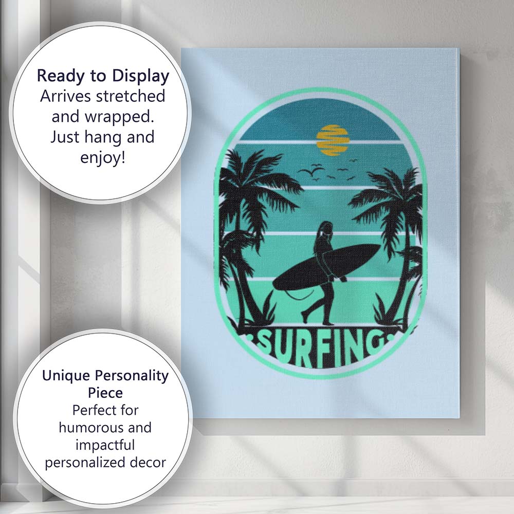 Retro Tropical Surfing Beach Sunset Silhouette Canvas Wall Art Print Decor Picture Ready to Hang
