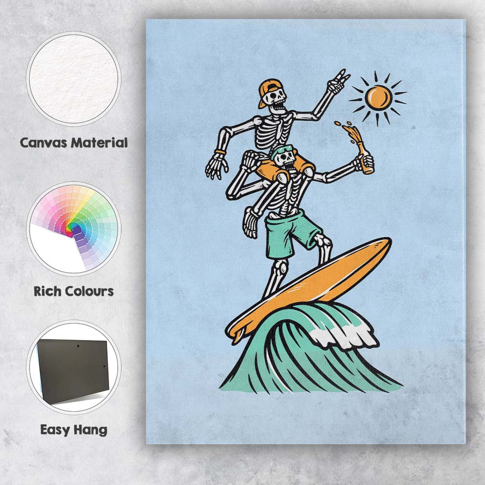 Surfing Skeleton Riding Waves Beach Illustration Canvas Wall Art Print Decor Picture Ready to Hang