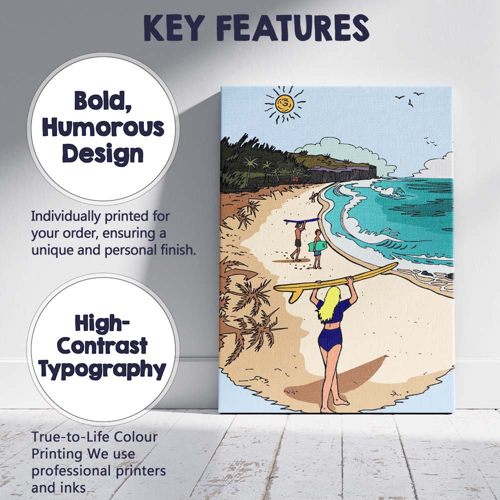 Tropical Beach Surfers Coastal Ocean Scene Illustration Canvas Wall Art Print Decor Picture Ready to Hang