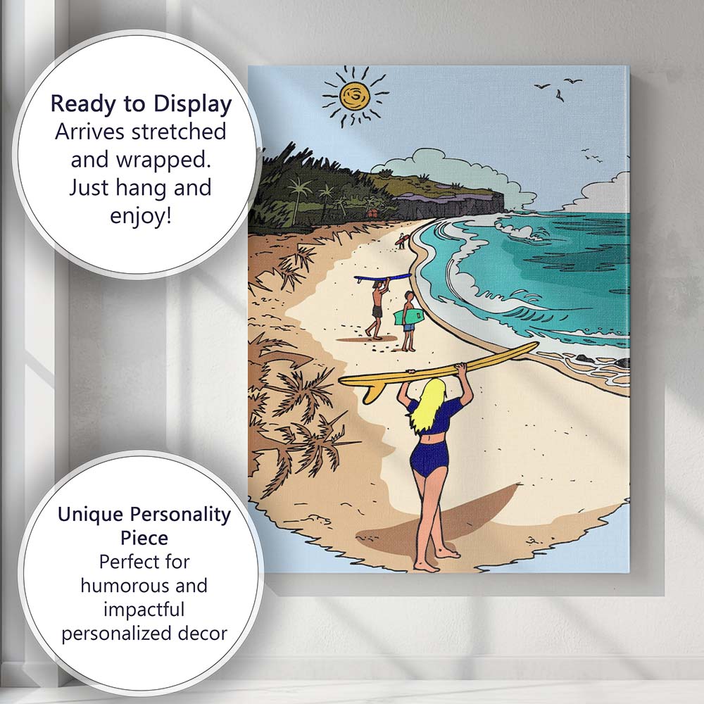 Tropical Beach Surfers Coastal Ocean Scene Illustration Canvas Wall Art Print Decor Picture Ready to Hang