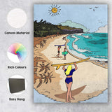 Tropical Beach Surfers Coastal Ocean Scene Illustration Canvas Wall Art Print Decor Picture Ready to Hang