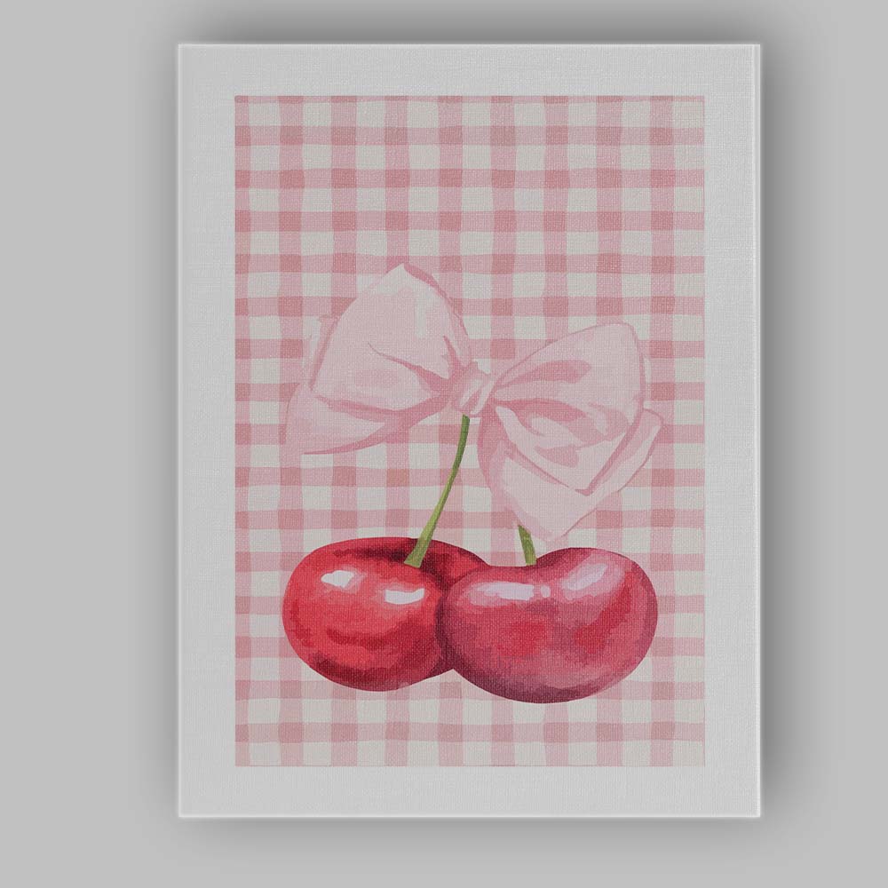 Watercolour Cherry Pink Gingham Coquette Bow Canvas Wall Art Print Decor Picture Ready to Hang