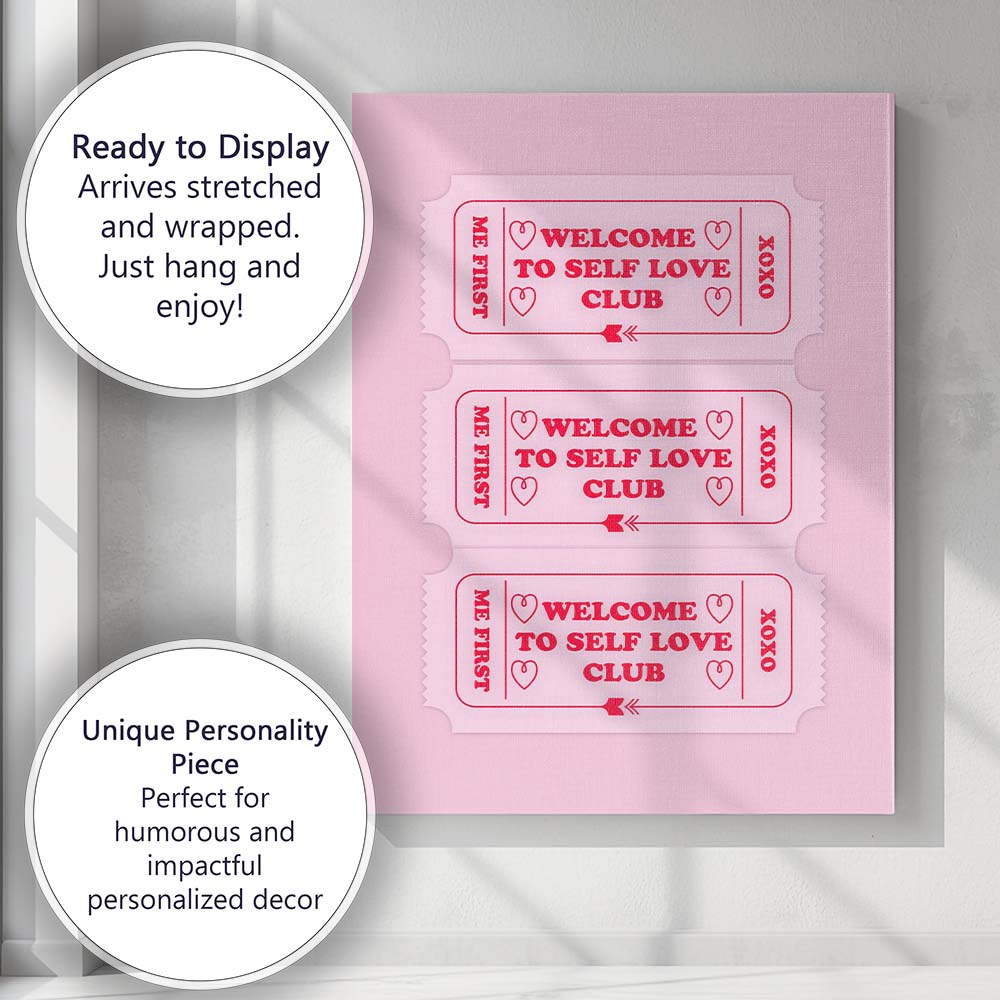 Welcome To Self Love Club Ticket Typography Canvas Wall Art Print Decor Picture Ready to Hang
