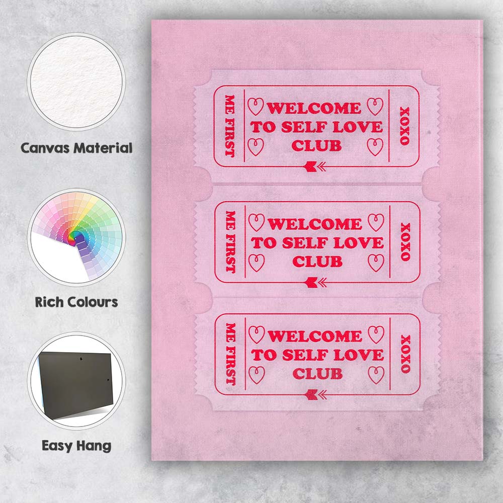 Welcome To Self Love Club Ticket Typography Canvas Wall Art Print Decor Picture Ready to Hang